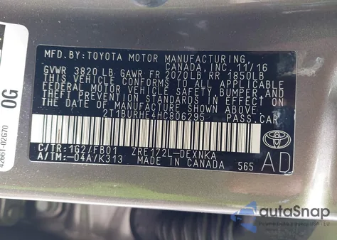 2017 Toyota Corolla Le из США, поврежденный, VIN 2T1BURHE4HC806295